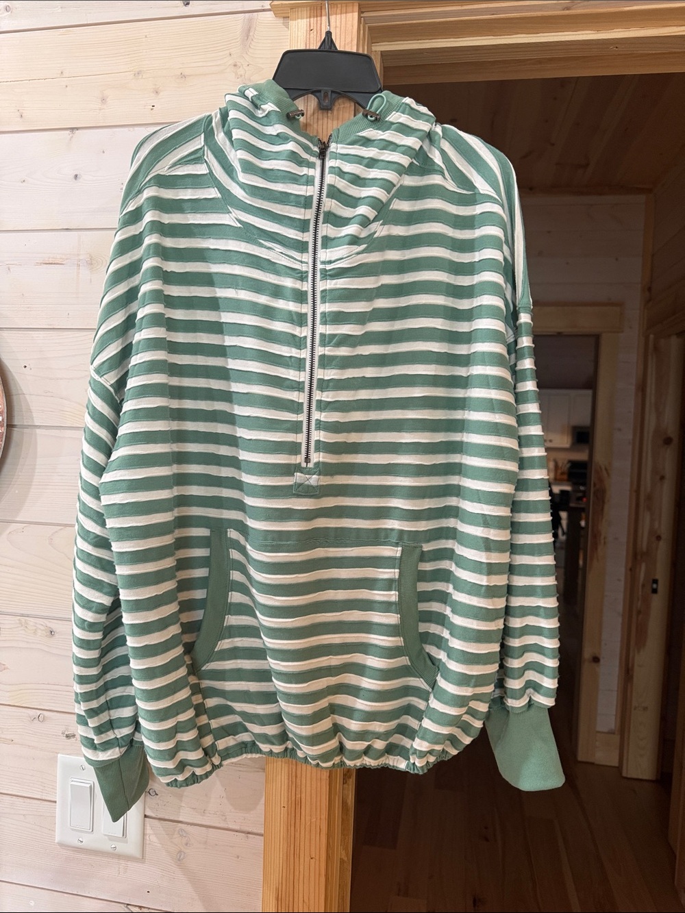 BiBi Green and White Striped Half-Zip Hoodie